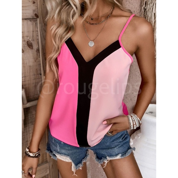 Color Block 2 Tone Pink Cami Top V-Neck Black Trim - Picture 3 of 8